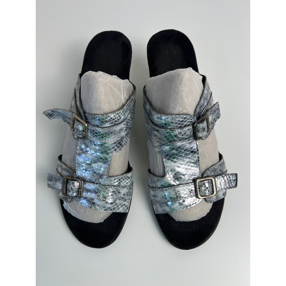Helle Comfort 14004 Metallic Leather Slides Kitten Heel Snake Silver EU 42 US 11